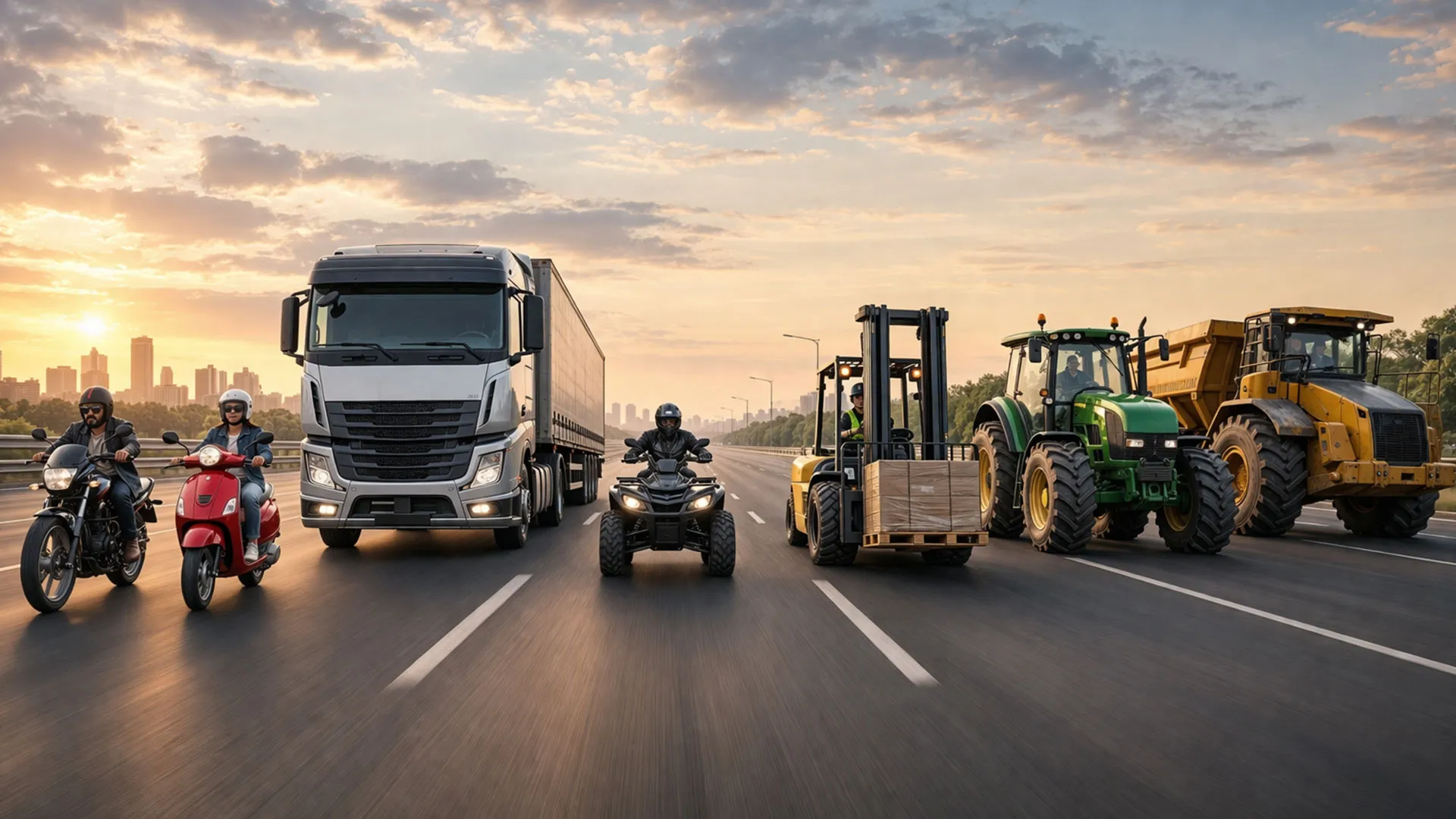 Truck, tractor, forklift, ATV, motorcycle and earth-mover on the highway at sunrise